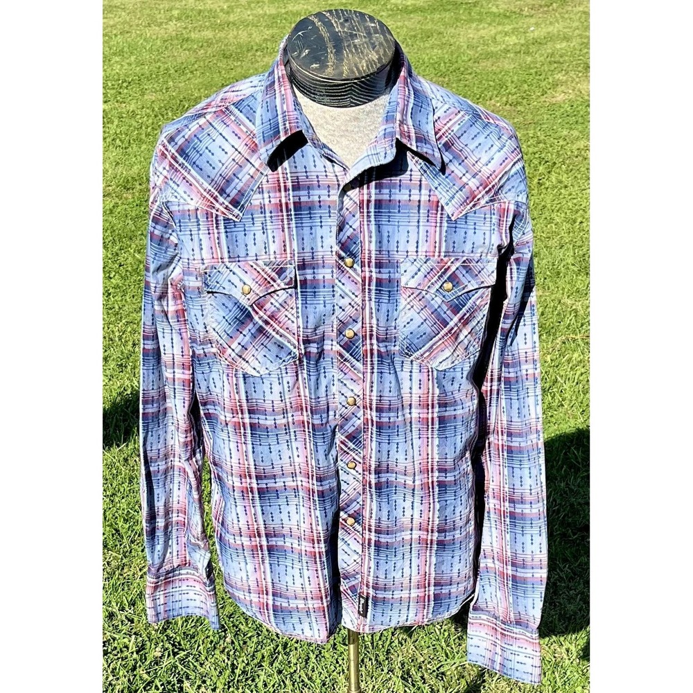 Wrangler Retro Premium Shirt Mens Medium Blue Red Plaid Western Snap Button Yoke